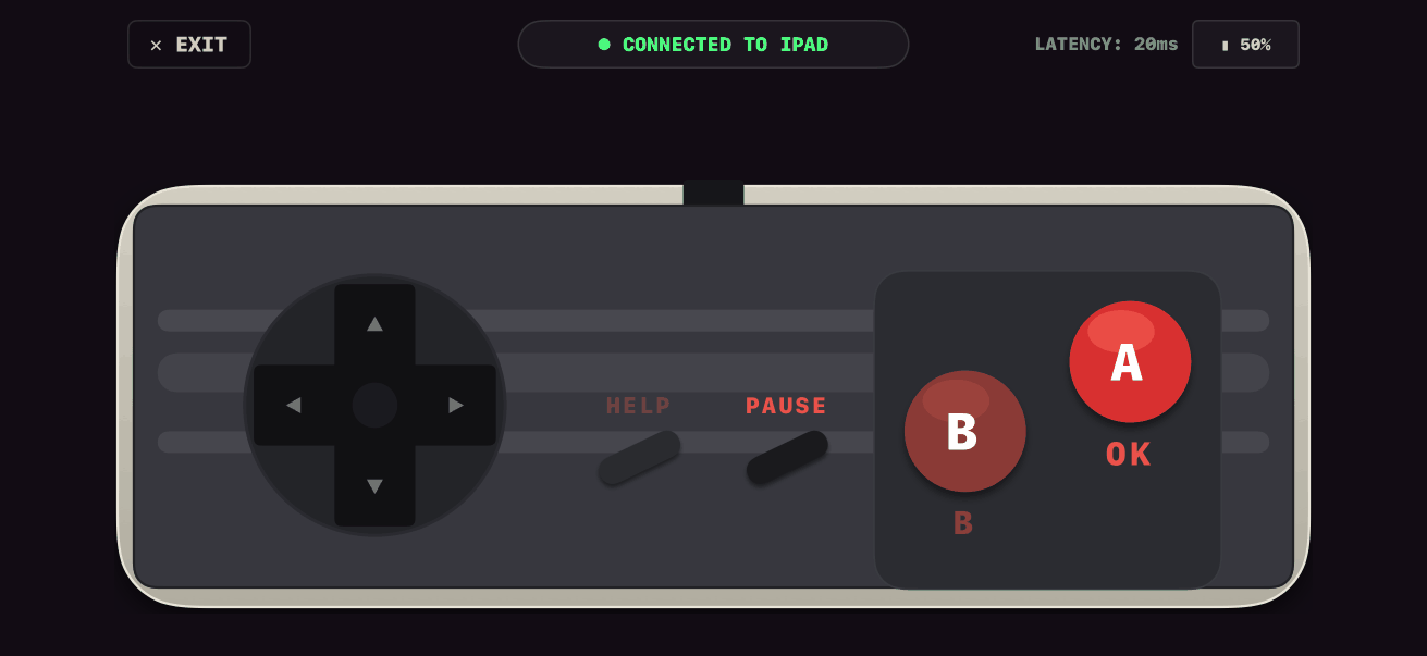 The iPhone controller screen showing Connected to iPad, with a retro gamepad: D-pad, HELP and PAUSE, and red B and A buttons